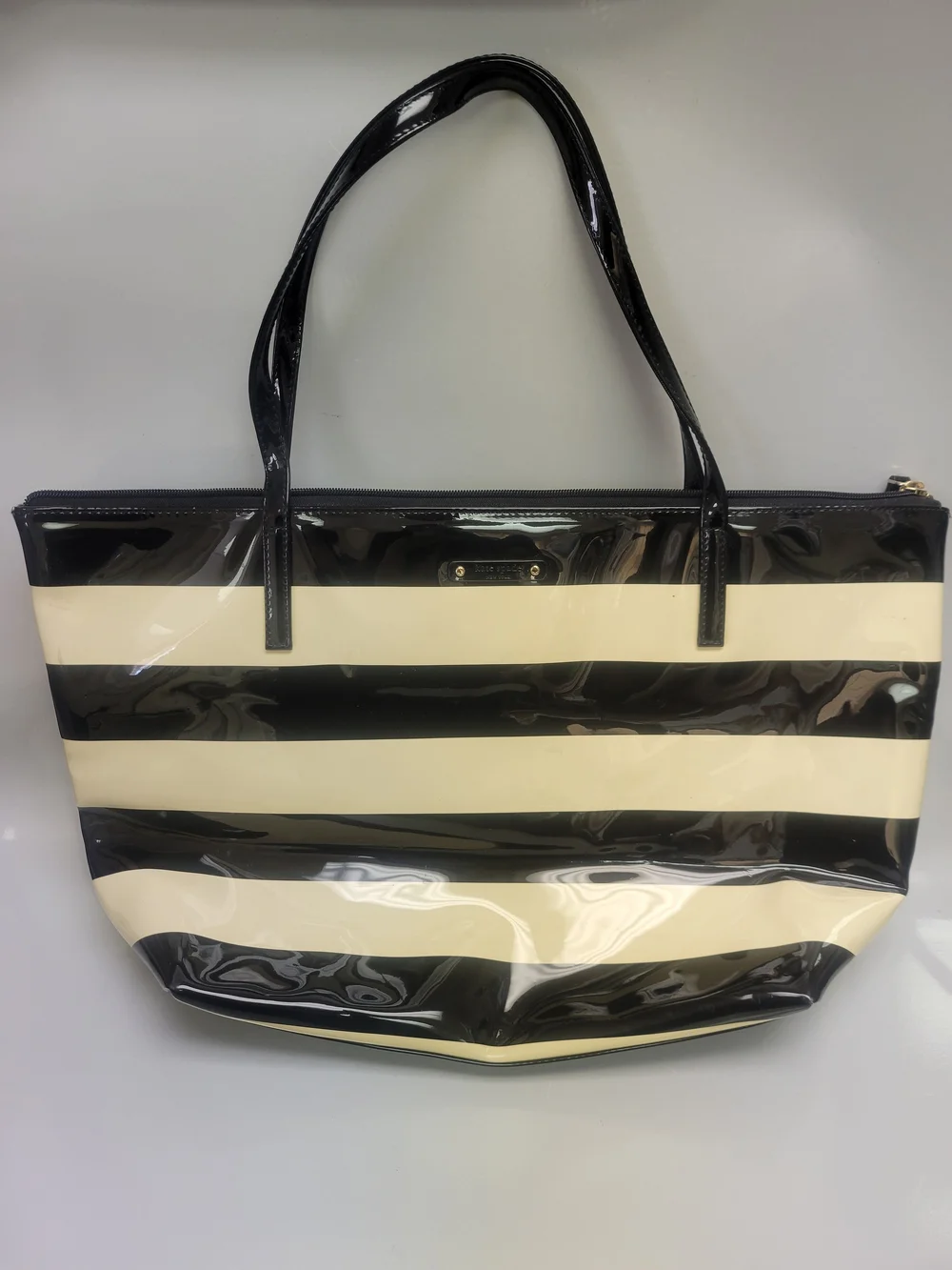 kate spade new york Black/Cream Striped Patent Tote Zip Top Gold HW Pink Lining
